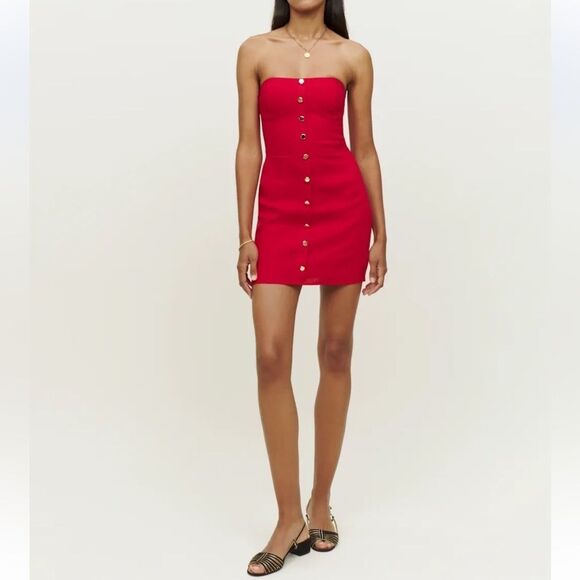 Reformation Shiela Linen Red Strapless mini Dress size 8 - Picture 2 of 8